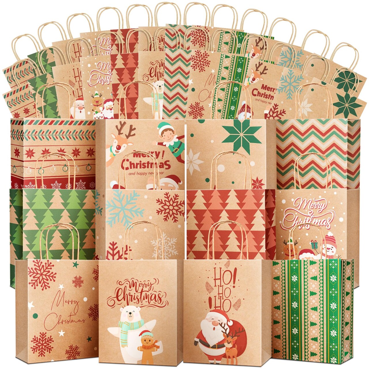 Gift Bags Medium Size with Handles - Holiday Decorations, Gift Bags Assortment with 12 Designs for Presents, Shopping and Parties - Bags Kraft Paper 36 Pack